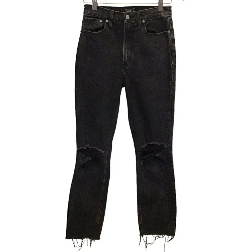 Abercrombie 2 (26) Ultra High Rise Mom Womens Jeans Black Distressed Frayed Hems